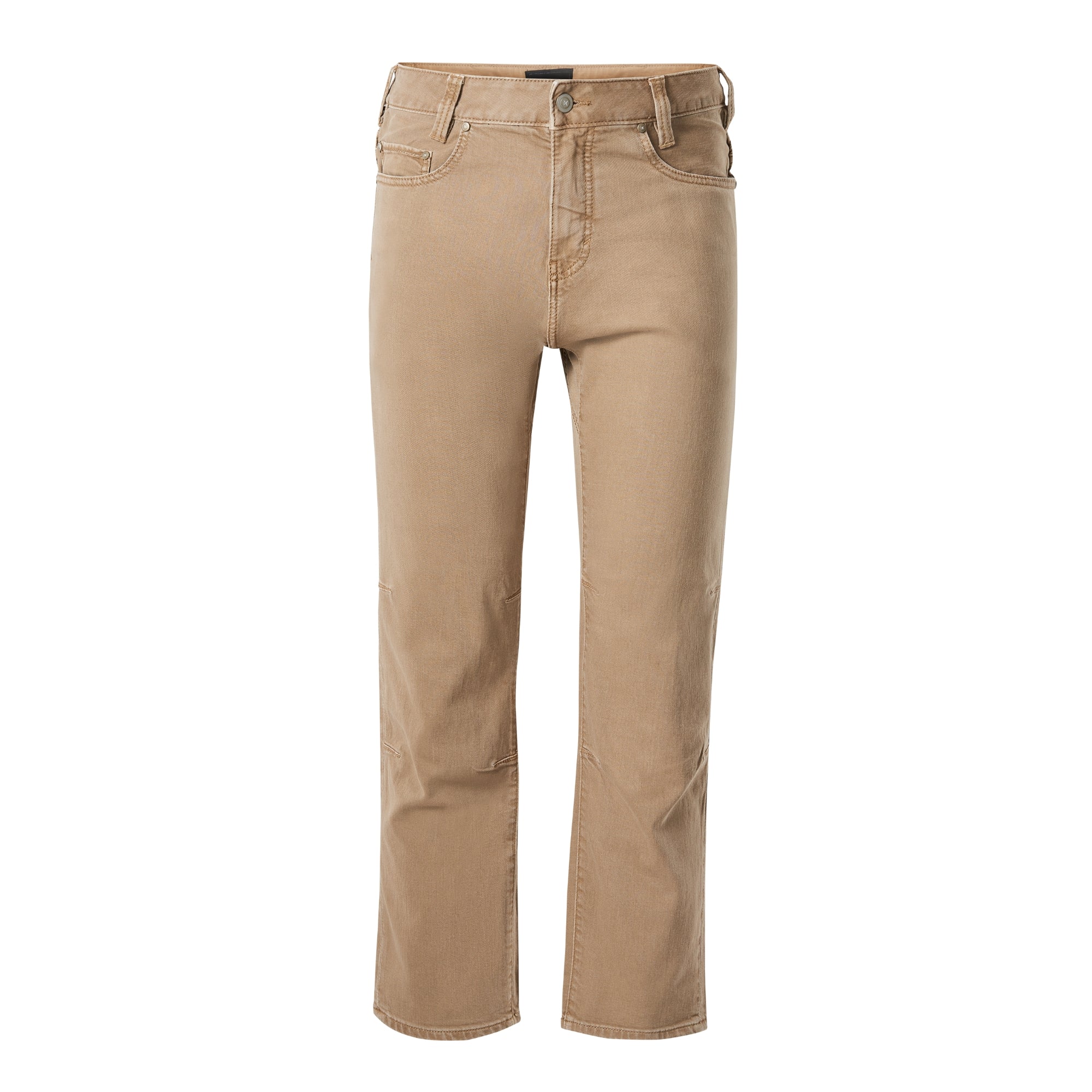 Product shot of a pair of light brown women's jeans featuring a button fly, front pockets, and subtle distressing at the knees and hems