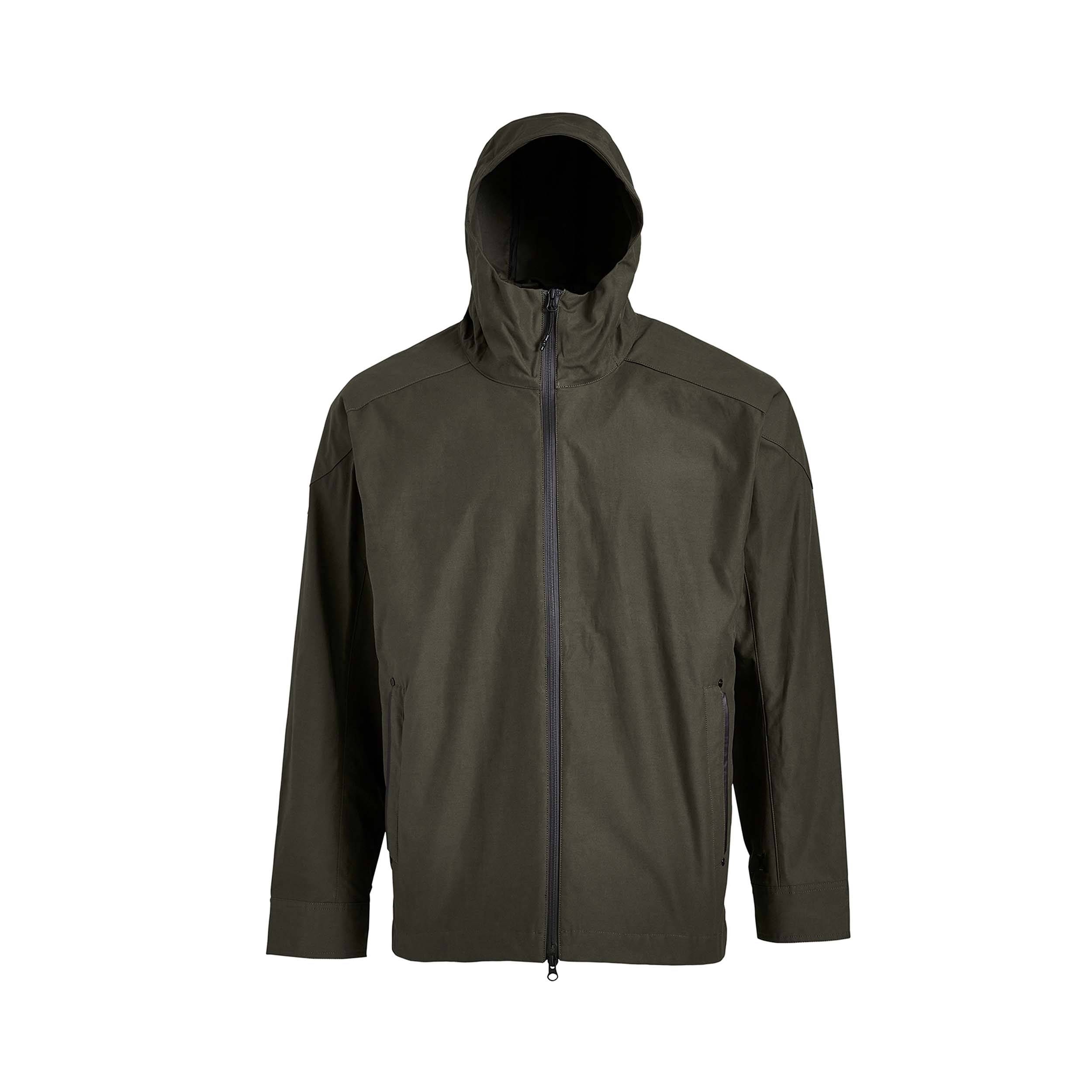 Product shot of a dark olive green hooded jacket with a full-length zipper and subtle pocket detailing showing a minimalist design on a white background
