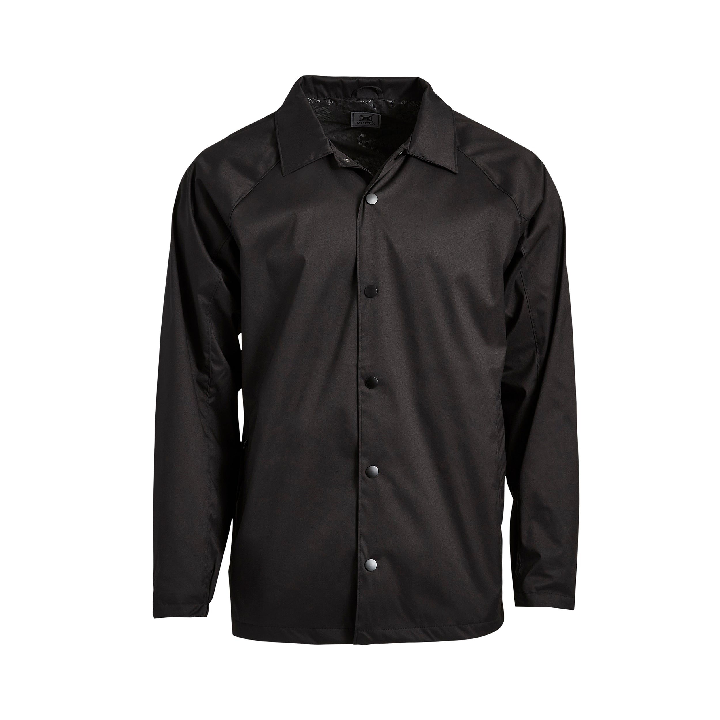 Product shot of a black Vertex brand coach jacket featuring a button-down front, raglan sleeves and a subtle sheen.