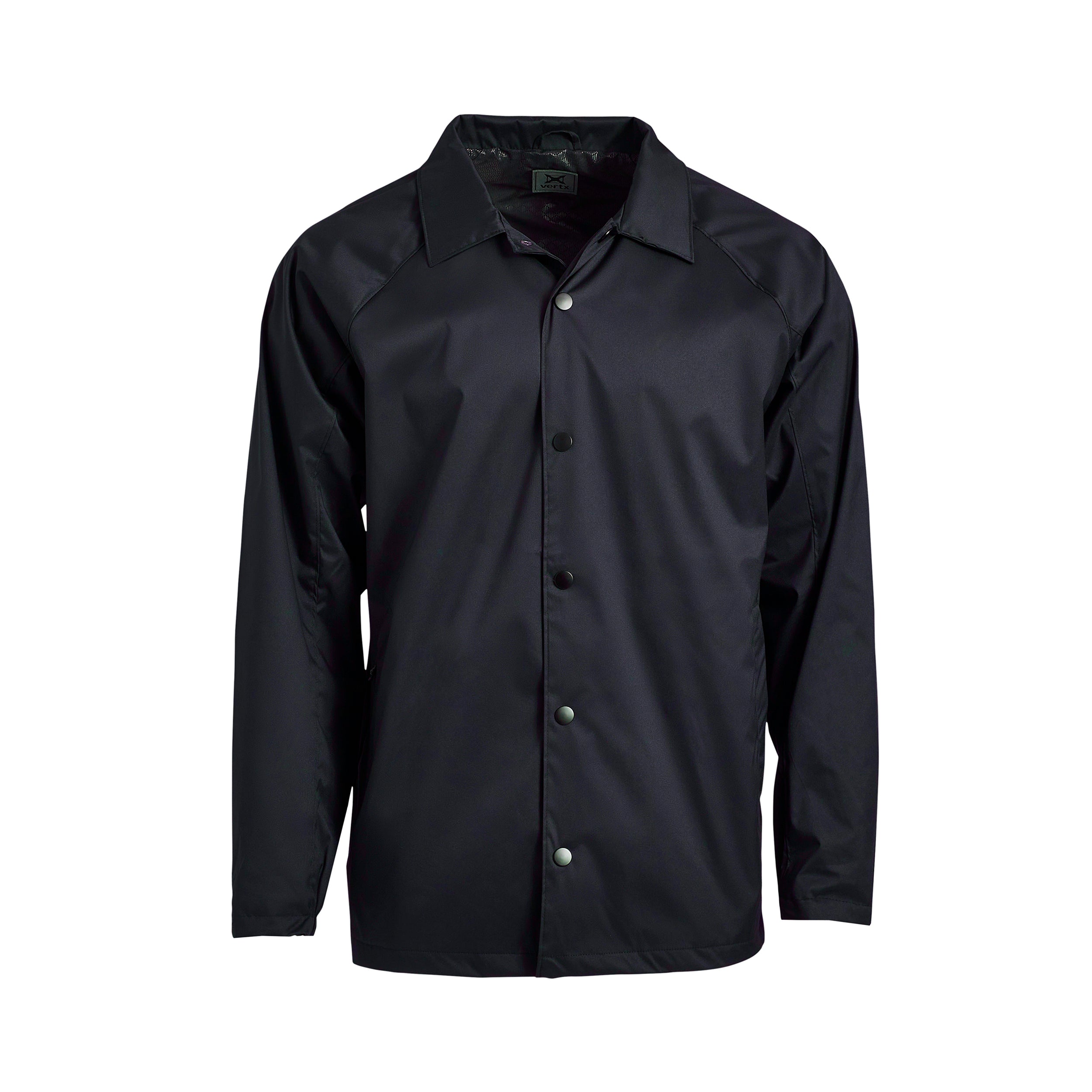 Product shot of a dark navy Vertex brand coach jacket featuring a button-down front, set-in sleeves and a small logo on the inner collar