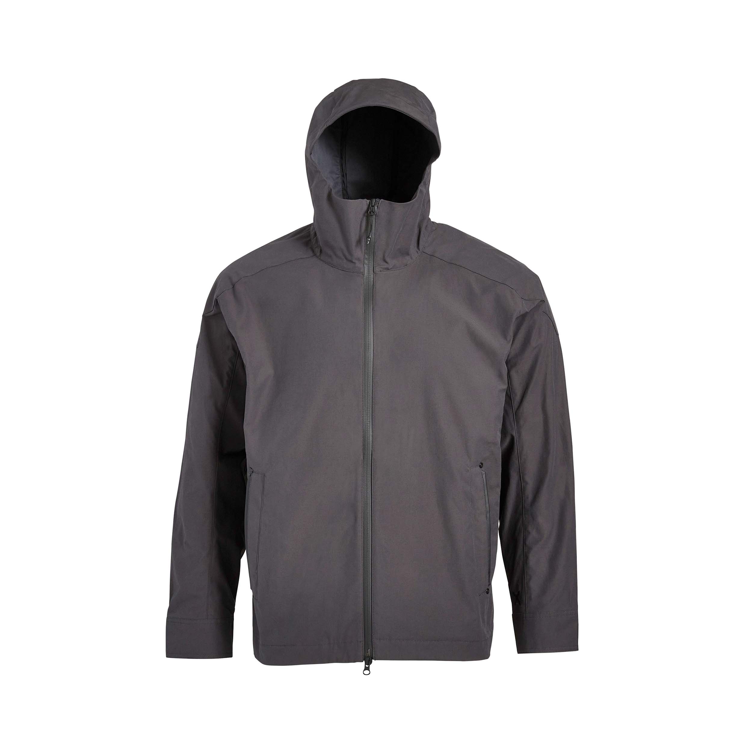 Product shot of a charcoal gray hooded jacket with a full-length zipper and subtly contrasting stitching details on the cuffs and pockets