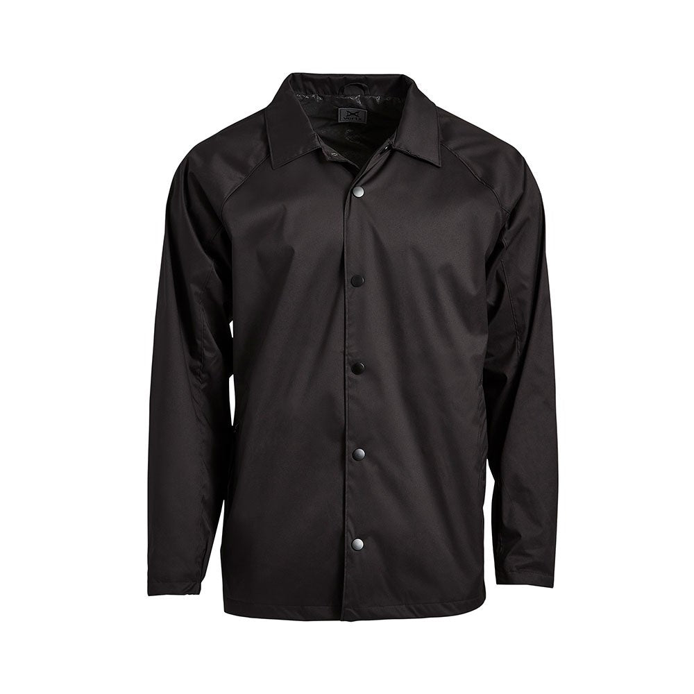 Product shot of a black Varsity jacket featuring a button-down front, raglan sleeves and a subtle logo on the inner collar