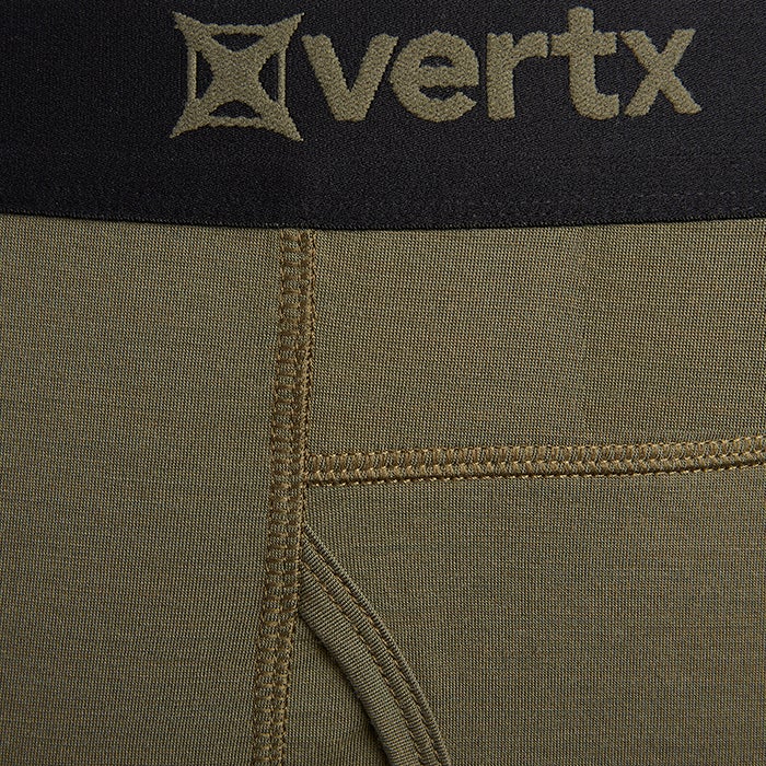 Close-up of Vertx men's olive green underwear showcasing a black waistband with logo detailed stitching and a comfortable fit