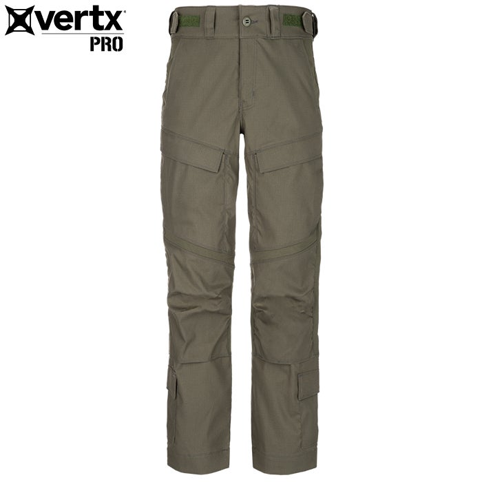 Product shot of Vertx Pro olive green tactical pants featuring multiple pockets reinforced knees and a belted waist