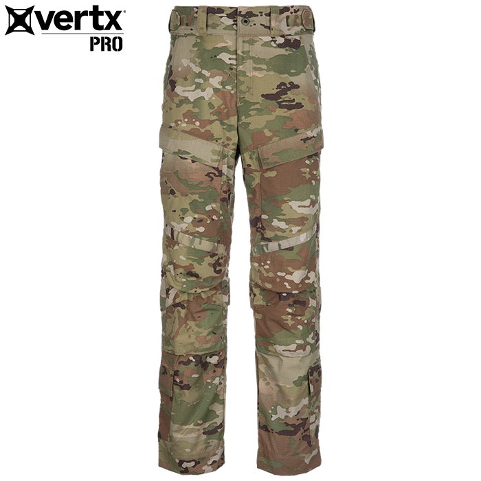 Product shot of Vertx Pro OCP camouflage combat trousers featuring multiple pockets reinforced knees and a muted green tan and brown color scheme