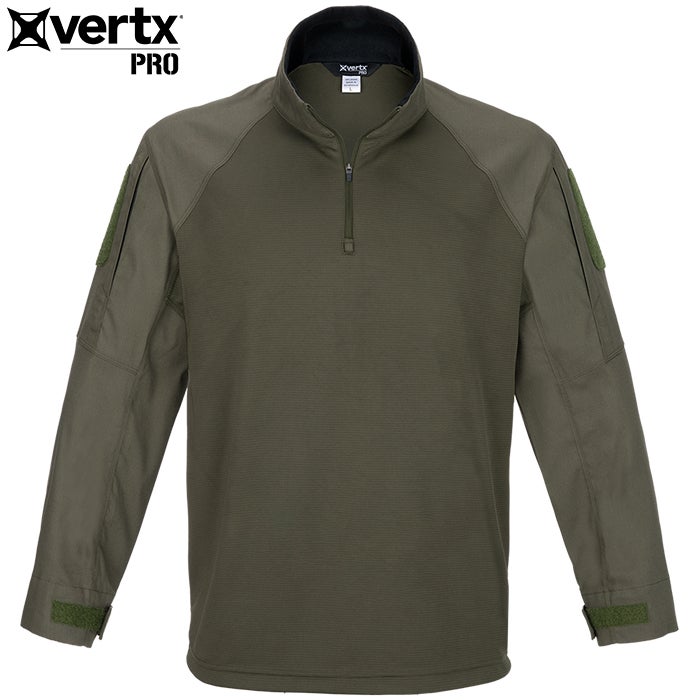Product shot of a Vertx Pro olive green tactical shirt featuring a half-zip closure, reinforced shoulder panels, and adjustable cuffs with hook and loop closures