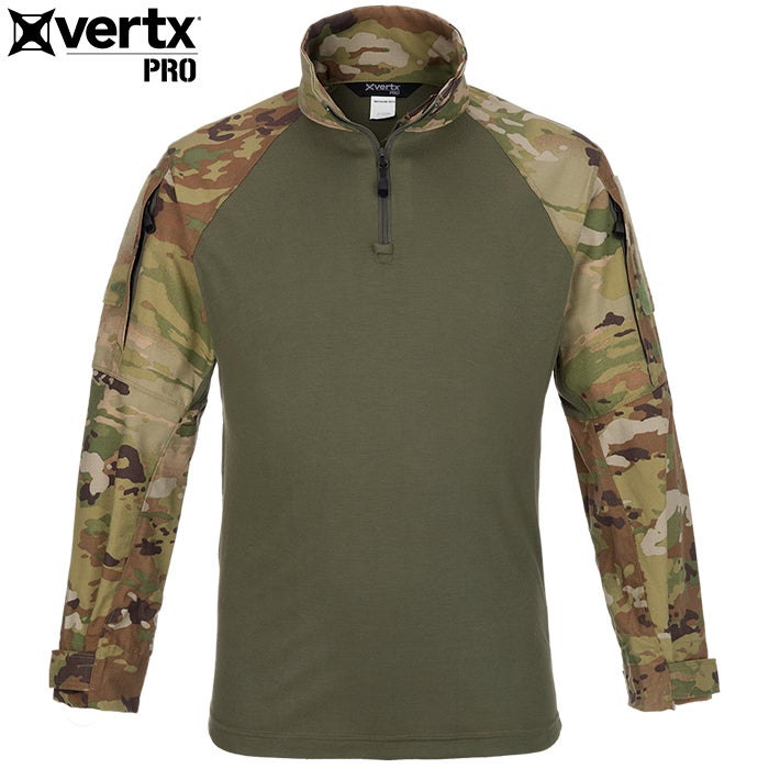 Product shot of a Vertx Pro combat shirt featuring a half-zip closure, OCP camouflage sleeves, and olive green body with integrated pockets