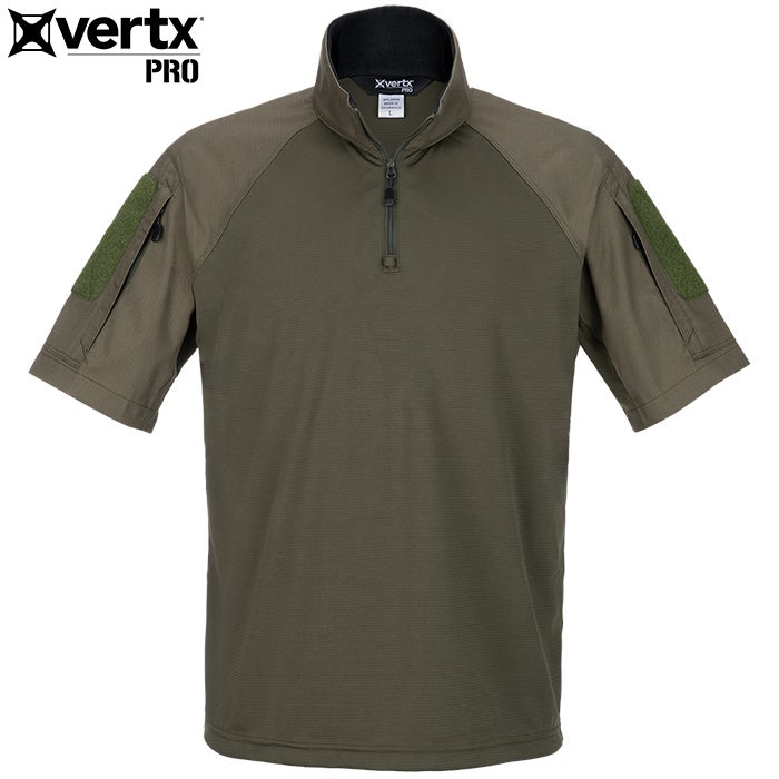 Product shot of a Vertx Pro olive green short sleeve shirt featuring a half-zip closure and two olive drab colored patch pockets on the sleeves