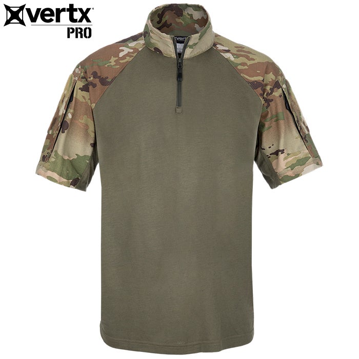 Vertx Pro camouflage short-sleeve shirt featuring a half-zip neck, olive green body, and OCP patterned sleeves with integrated pockets