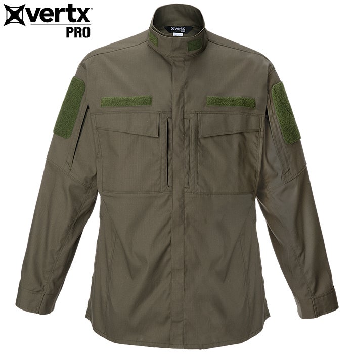 Product shot of a Vertx Pro olive green tactical shirt featuring two olive drab Velcro patches and a stand-up collar showcasing durable ripstop fabric and a functional design