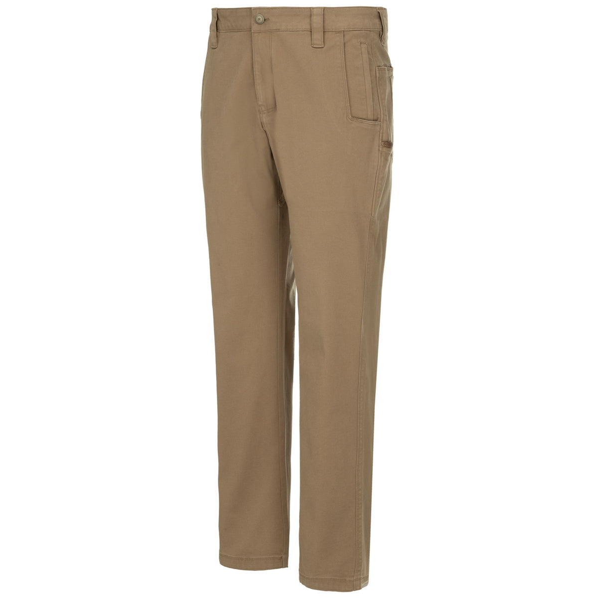 A pair of men's straight-leg work pants in a warm khaki brown color, shown flat against a solid white background.