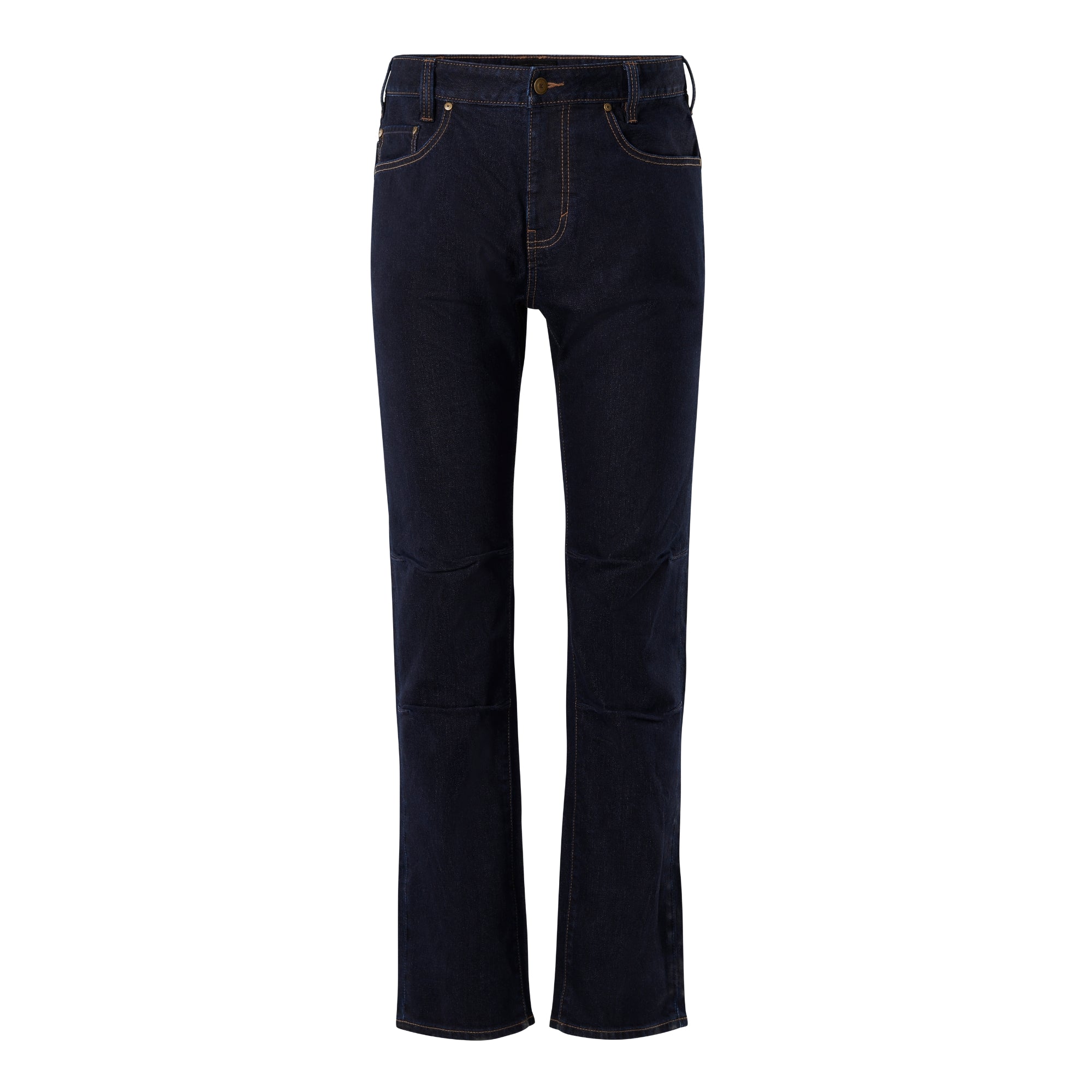 Product shot of dark wash jeans featuring a classic straight leg, reinforced knees, and subtle copper-toned stitching along the pockets and hems