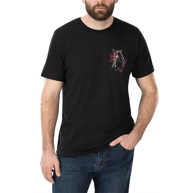 Apparel graphic design featuring a stylized black crow surrounded by red splatters on a black t-shirt displayed on a model