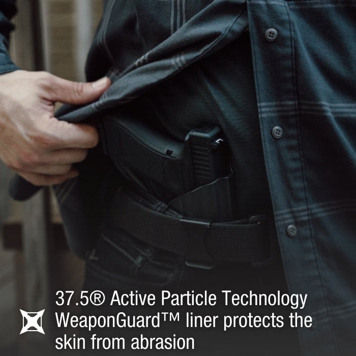 Product shot showing a person wearing a dark plaid shirt and black waistband holster with a handgun a dark gray fabric liner and a sturdy black buckle
