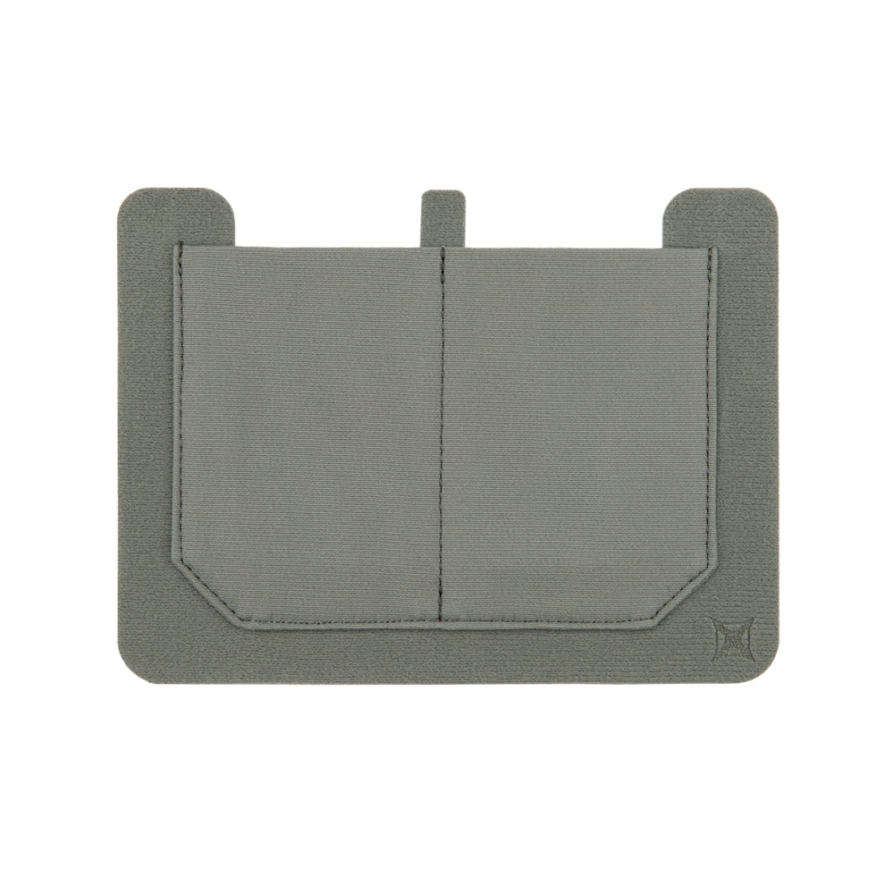 Product photography of a grey nylon double pocket pouch with a contrasting dark grey border and subtle embossed logo featuring a muted color palette and textured fabric