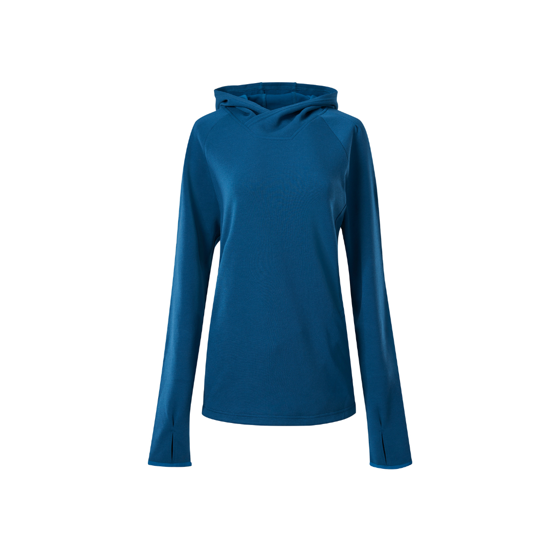 Product shot of a teal women's hooded sweatshirt with thumbholes and a relaxed fit showcasing its soft fabric and vibrant color