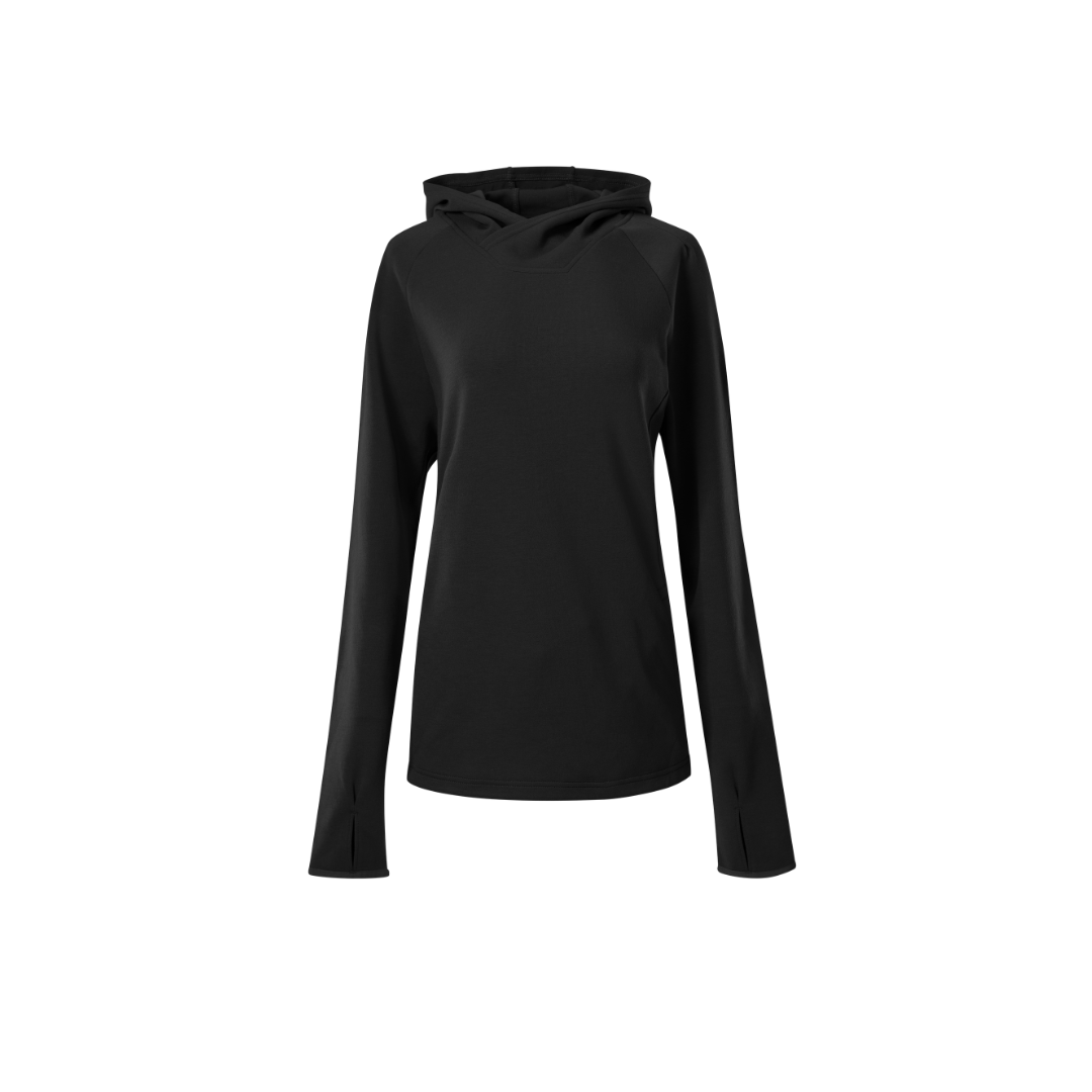 Product shot of a black women's hooded sweatshirt with raglan sleeves and thumbholes