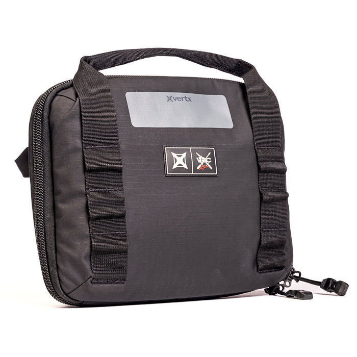 Product photography of a black Xvertx carrying case featuring a zippered closure, padded handle and two distinct logos a silver reflective panel