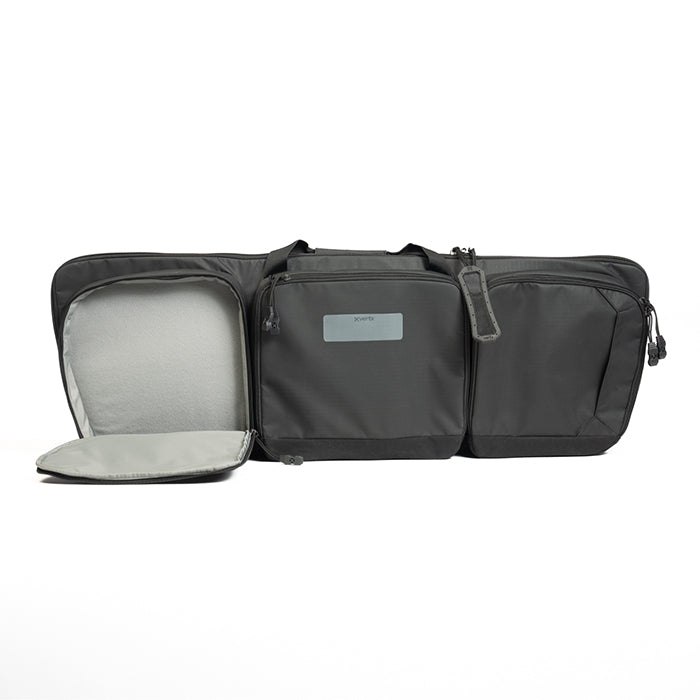 Product shot of a Xvertix black rifle case featuring multiple zippered compartments grey lining and a labeled storage pocket