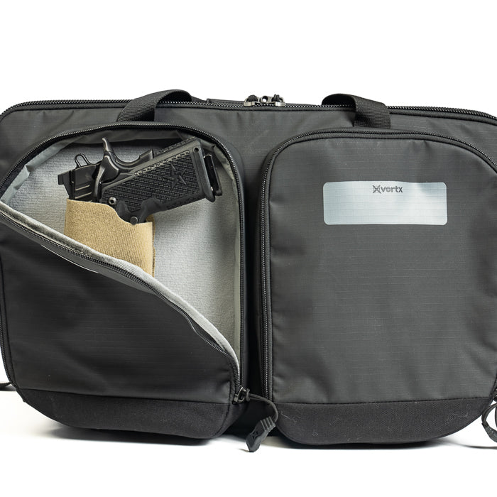 Product shot of a black Vertex pistol range bag with a handgun secured inside featuring a tan sock a zippered compartment and a gray logo label