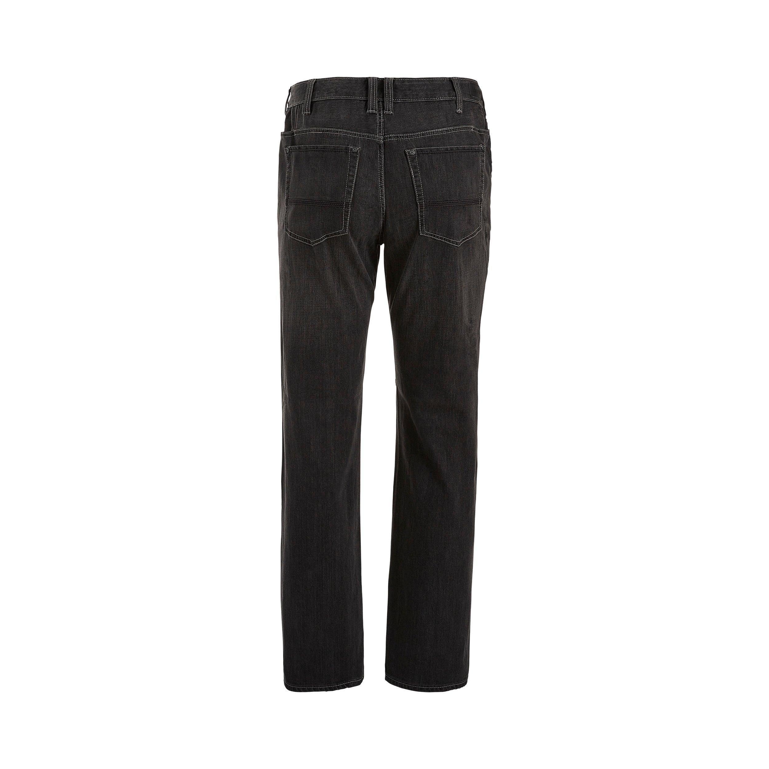 Product shot of dark gray denim jeans featuring a button fly contrasting stitching and back pockets