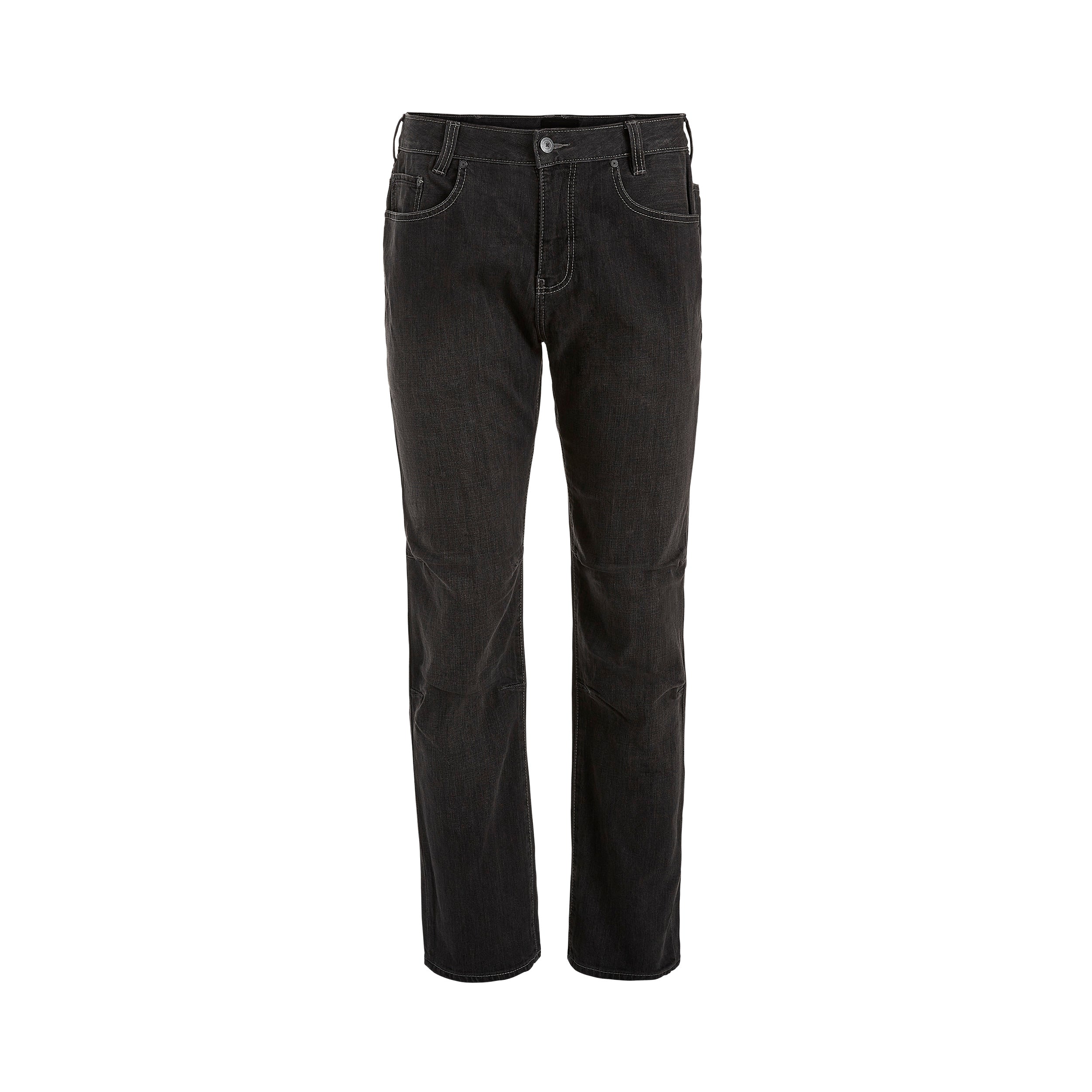 Product shot of dark gray denim jeans featuring contrast stitching, a button fly, and reinforced knee patches