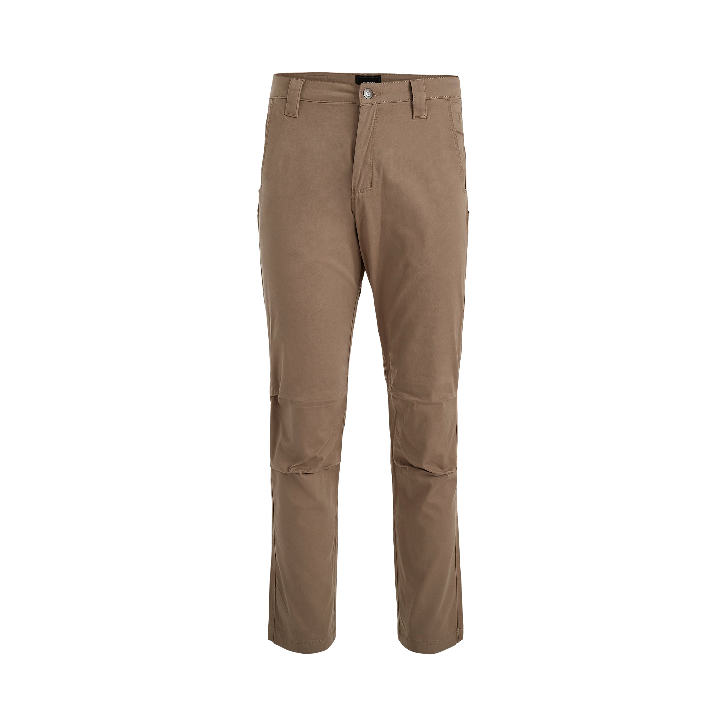 Product shot of khaki men's pants showcasing a button fly, reinforced knees, and subtle stitching details