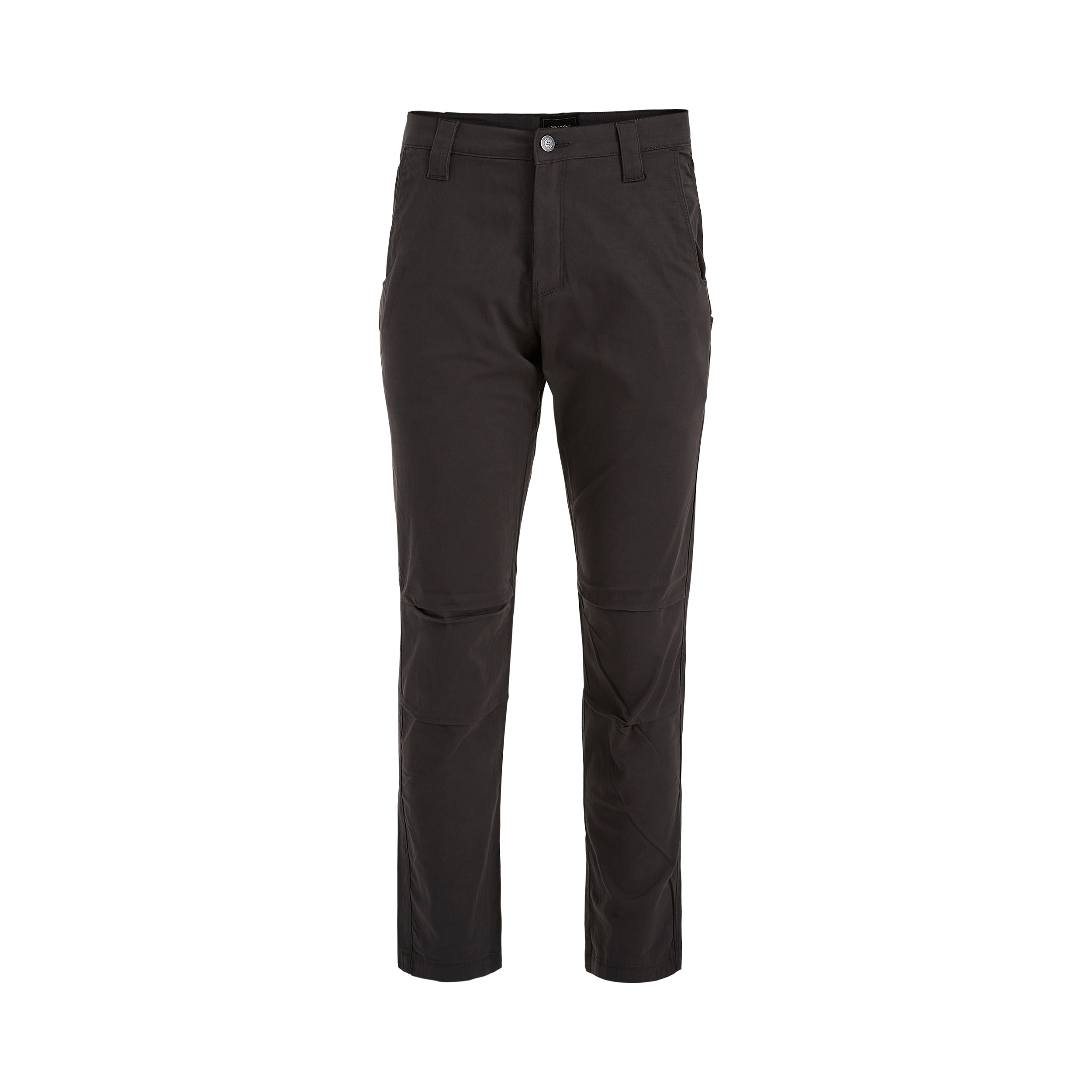Product shot of dark gray men's pants featuring a button fly, reinforced knees, and subtle side pockets showcasing a minimalist design against a white background
