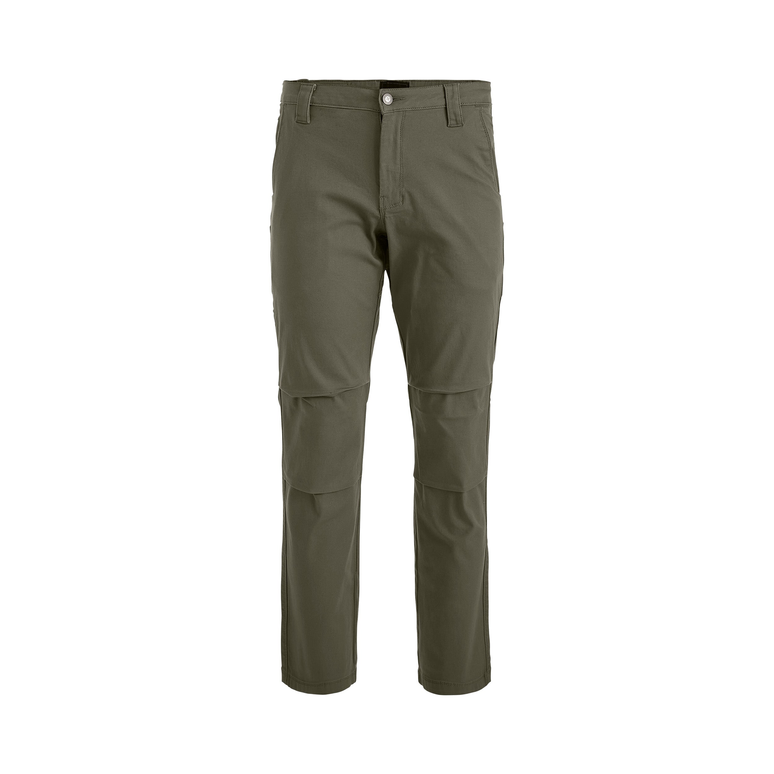 Product shot of olive green men's pants featuring a button fly and reinforced knee patches showcasing a subtle yet durable design