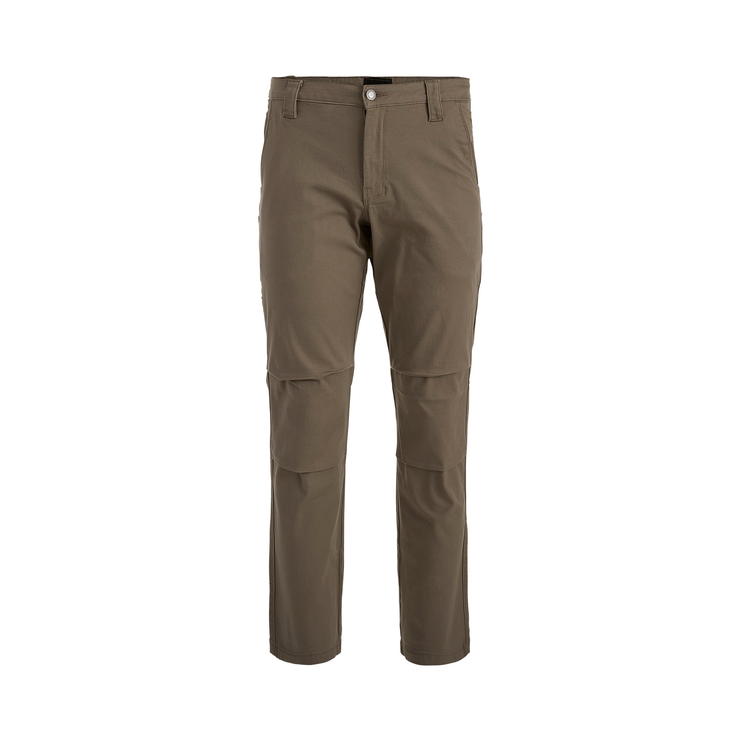 Product shot showing a pair of olive-green cargo pants with reinforced knees and visible button fly detail