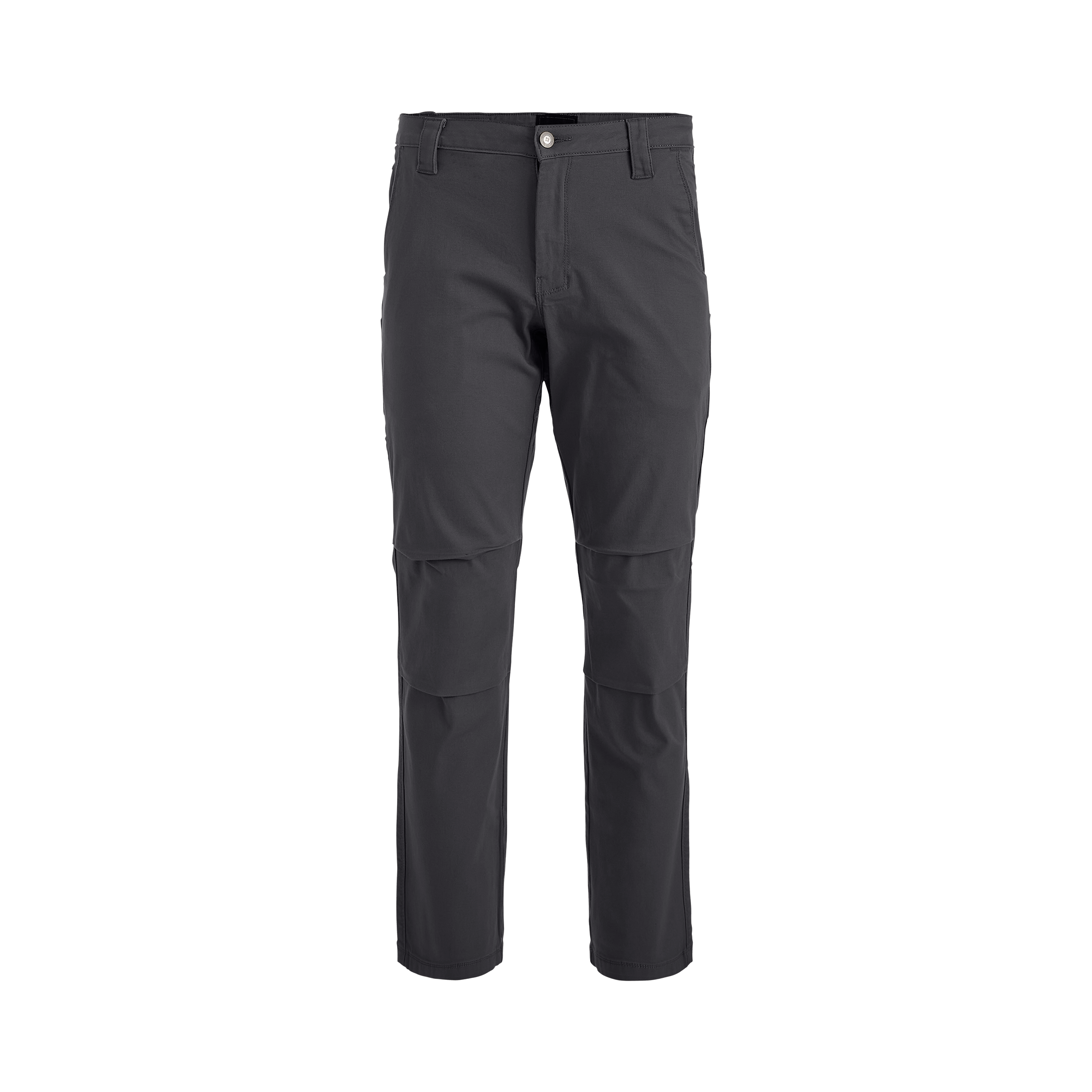 Product shot of dark gray men's pants featuring reinforced knees and a button fly showcasing subtle stitching details