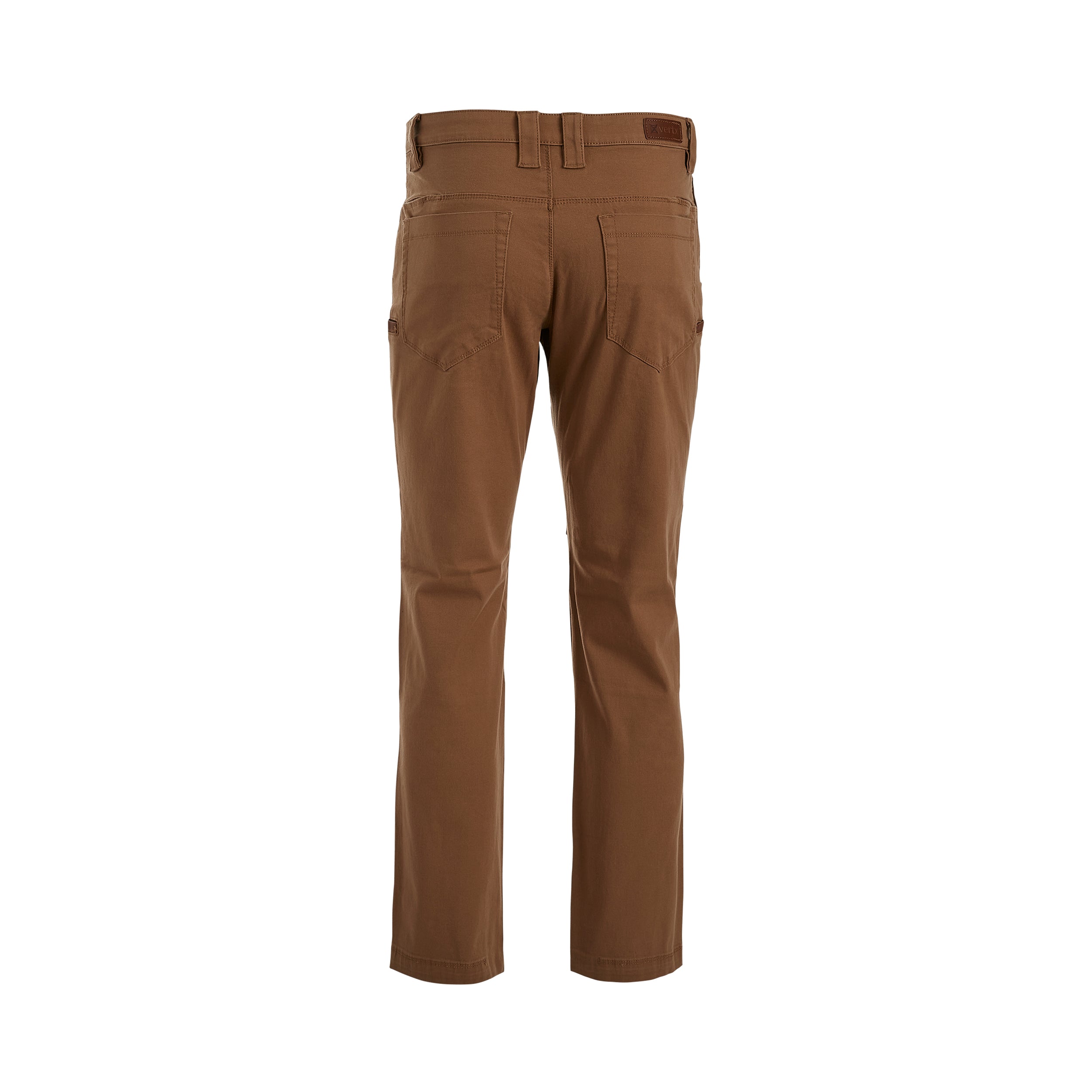 Product photography, Vuori brown men's casual pants from the rear on a white background showcasing visible stitched back pockets, sturdy belt loops, and a small brown brand patch