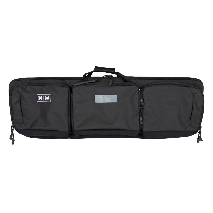 Product shot of a black 5.11 Tactical rifle bag featuring multiple compartments a carry handle and a reflective label