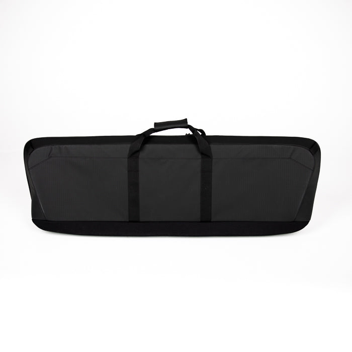 Product shot of a black padded rifle case with a carrying handle and reinforced bottom against a white background