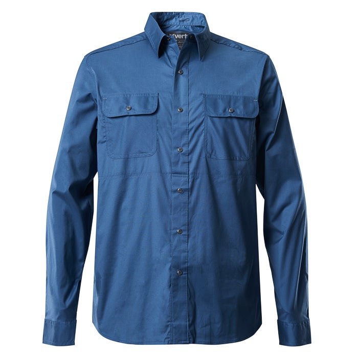 Product shot of a blue X-Vert long-sleeved work shirt featuring two chest pockets button-down front and a solid color design