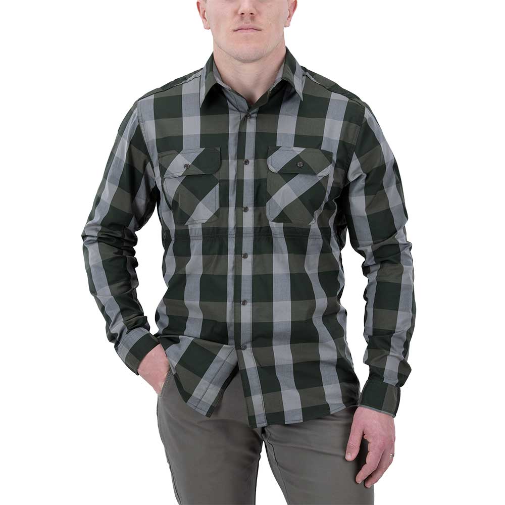 Product shot of a man wearing a dark green and gray plaid long-sleeve shirt featuring buttoned chest pockets and a classic collar against a white background
