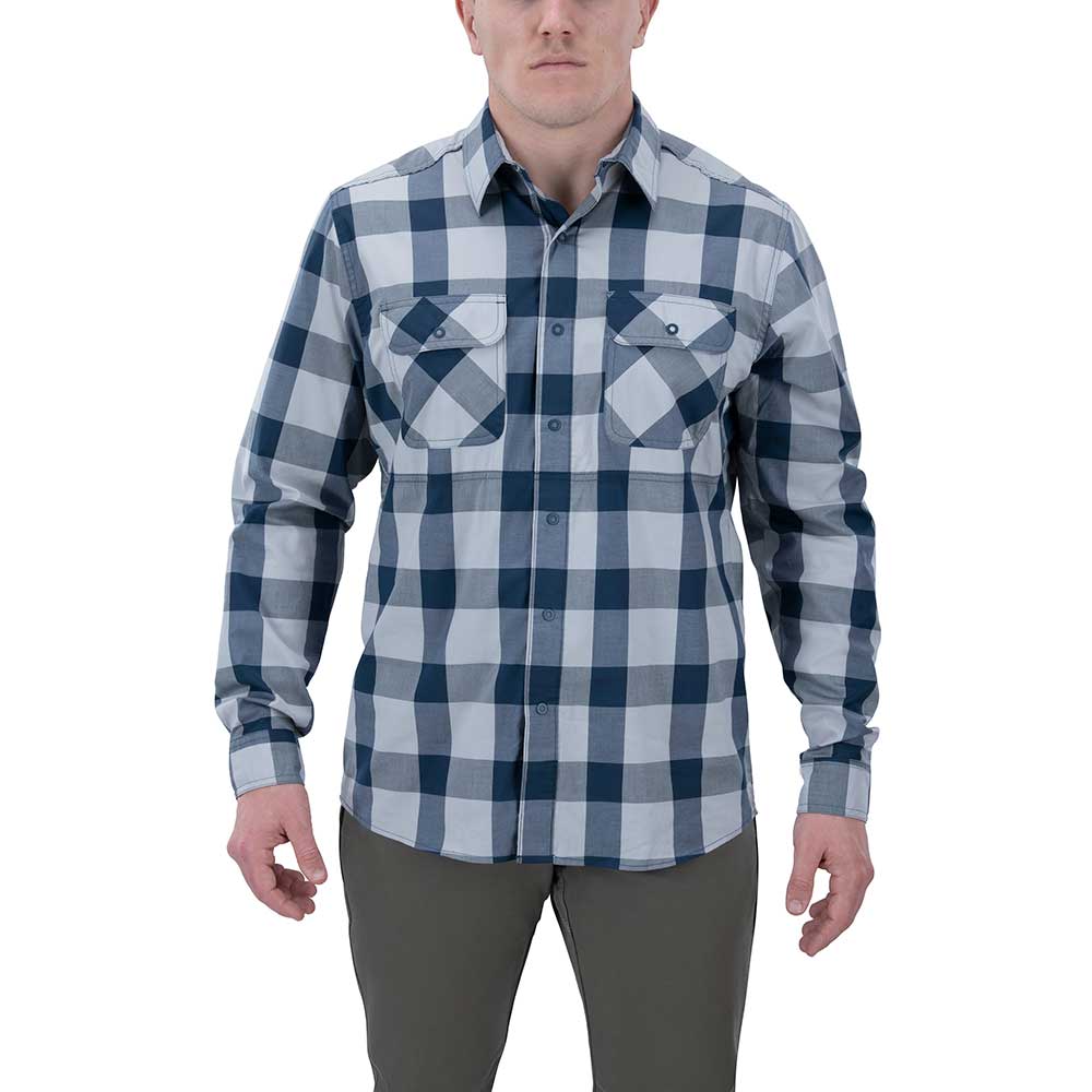 Product shot of a man wearing a blue and gray plaid long sleeve button down shirt with two chest pockets and reinforced button plackets
