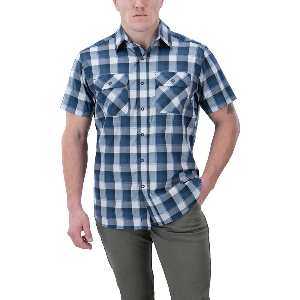 Product shot of a man modeling a blue and white plaid short-sleeved button-down shirt with two chest pockets and a relaxed fit against a white background