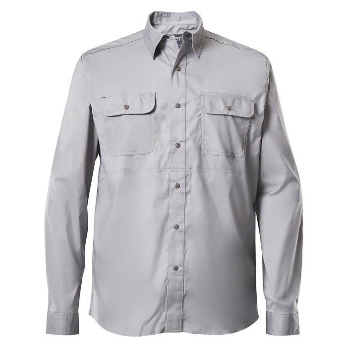 Product shot of a grey long sleeve button down shirt with two chest pockets and reinforced stitching