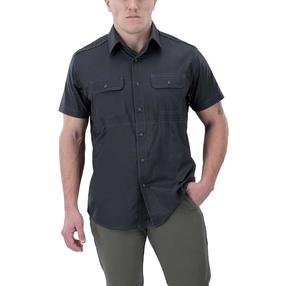 Product shot of a dark gray short-sleeved button-down shirt with contrasting stitching and chest pockets on a male model against a white background