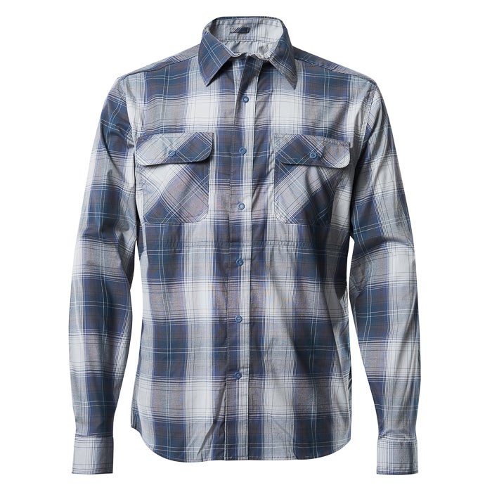 Product shot of a long-sleeved blue and gray plaid cotton shirt featuring two chest pockets and button-down front showcasing a subtle texture and soft color palette