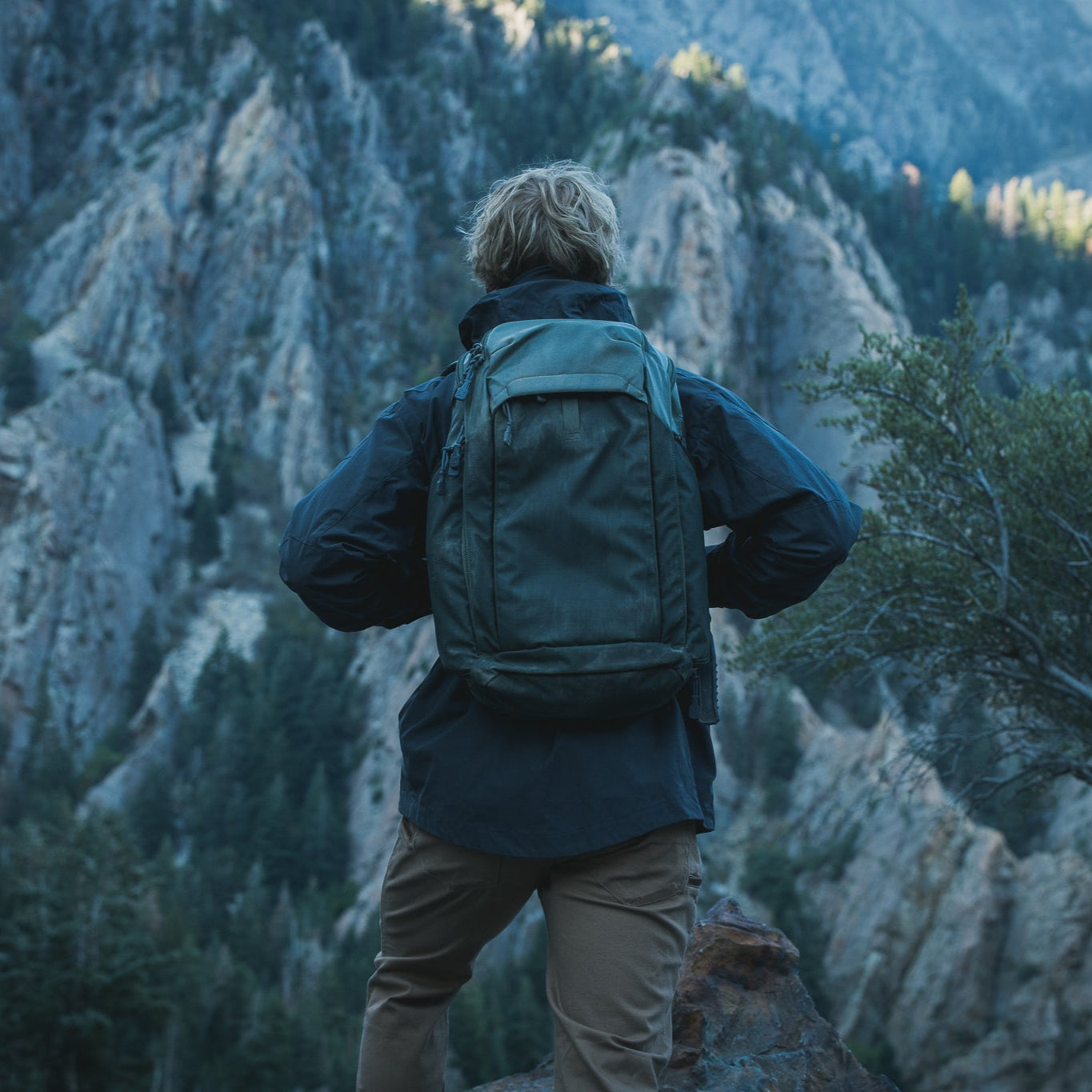 Photograph of a person with a gray backpack overlooking a dramatic mountain landscape featuring towering rock formations, lush evergreen trees, and a muted blue-gray color palette
