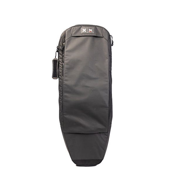 Product shot of a black, zippered, padded carrying case with a small side pocket and a logo featuring crossed arrows