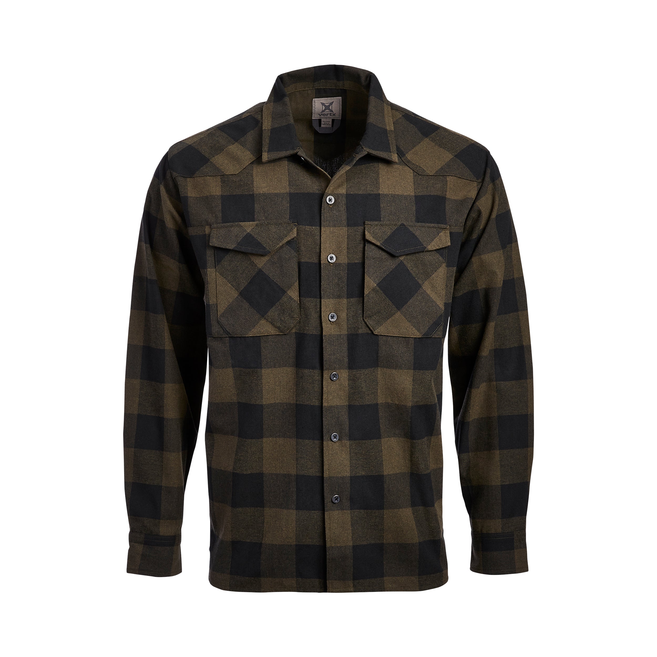 Vertx shirt, olive and black plaid long-sleeved button-down shirt with two chest pockets and contrasting stitching on cuffs