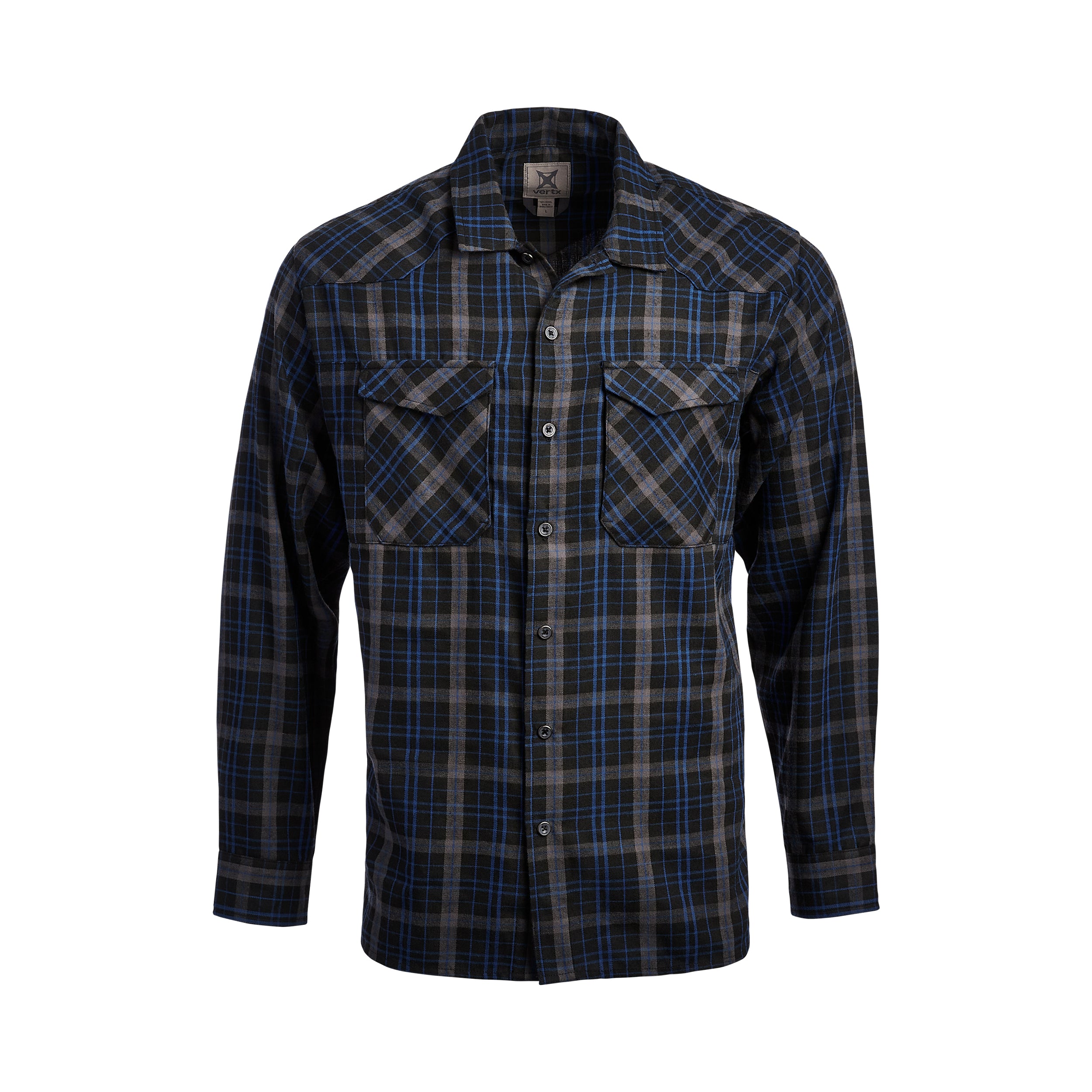 Vertex brand long-sleeve blue and gray plaid shirt featuring two chest pockets and button closure showcasing a bold check pattern and subtle grey accents