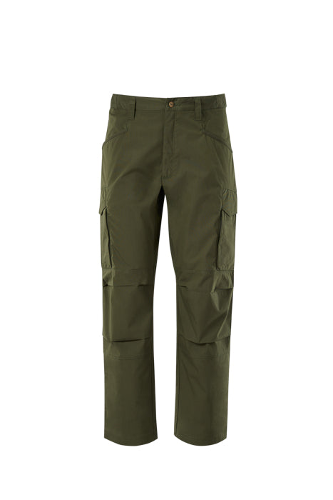 Product shot of olive green Fjällräven Abisko Trekking Trousers featuring multiple pockets reinforced knees and a comfortable fit