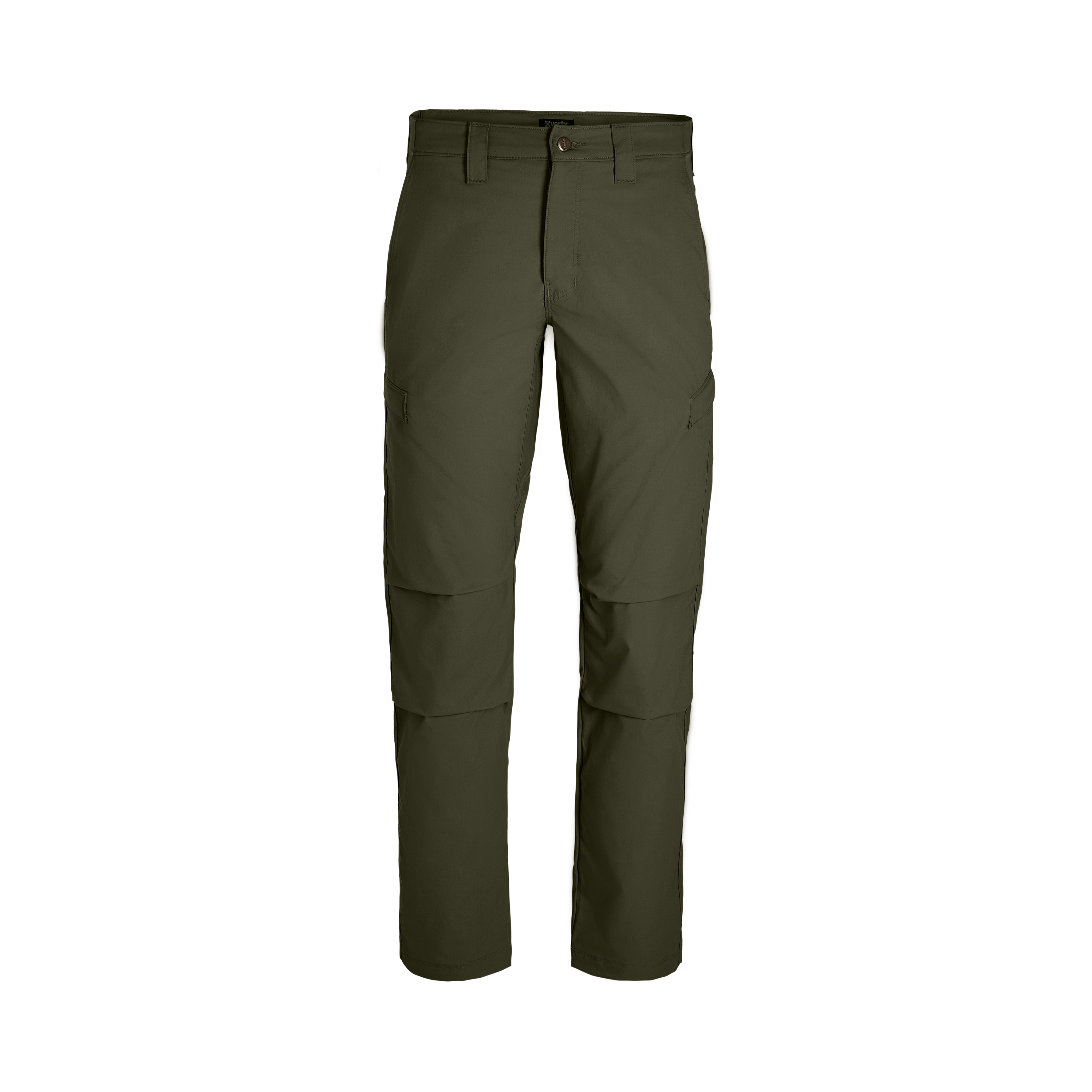 Product shot of olive-green Xylos tactical pants featuring multiple pockets and subtle color accents along the side seams