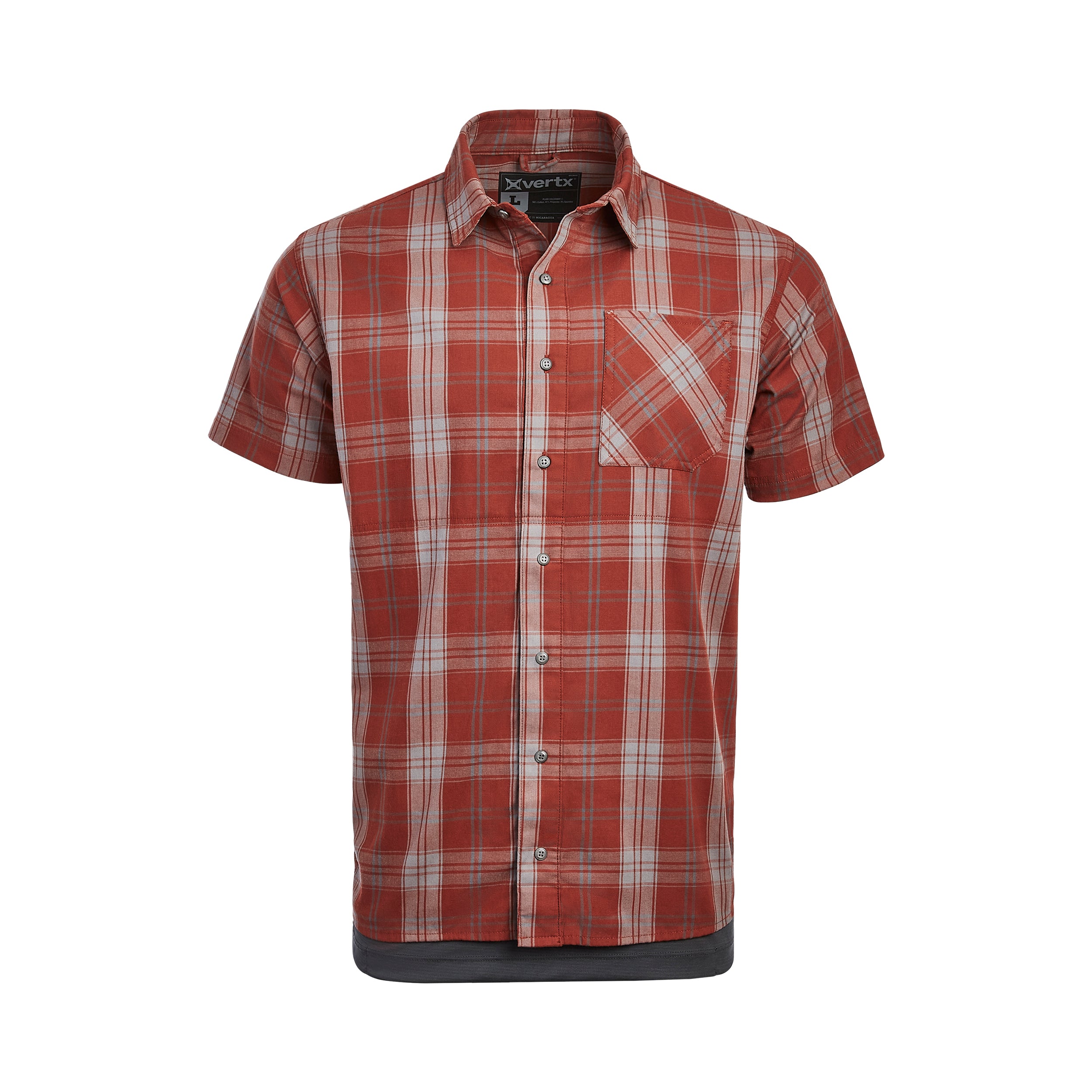 Product shot of a Xvertx men's short-sleeve plaid shirt featuring a rust and gray color scheme, button-down closure, and a chest pocket