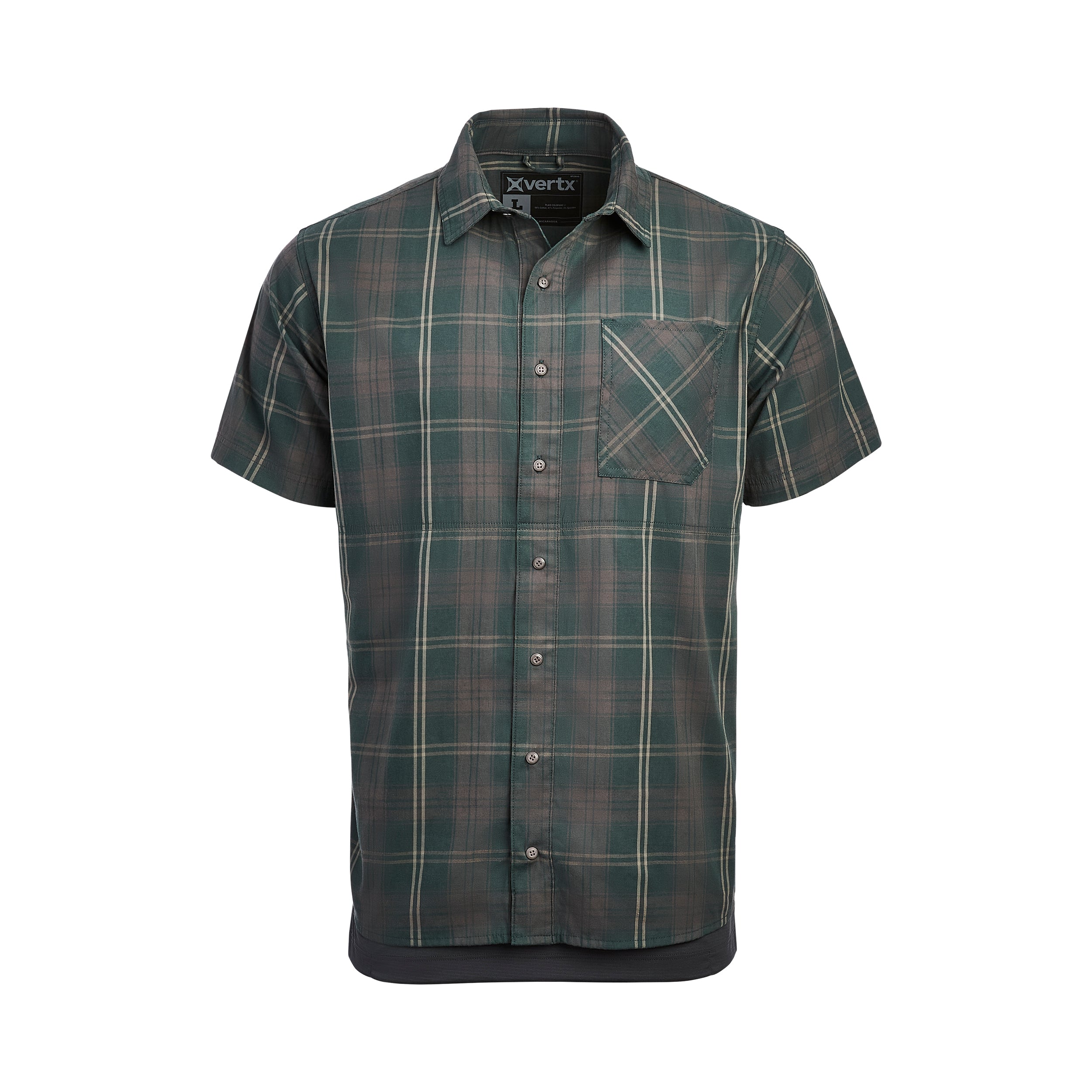 Product shot of a Xvertx men's green and brown plaid short-sleeved button-down shirt featuring a chest pocket and subtle beige accents layered over a black undershirt.
