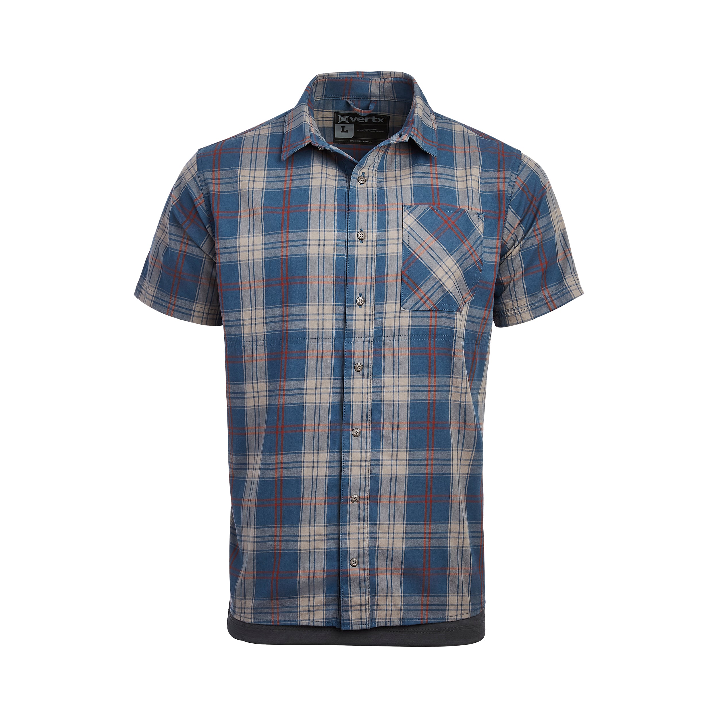 Product shot of a Xvertx brand men's short-sleeve button-down shirt featuring a blue beige and rust plaid pattern a chest pocket and a contrasting dark grey underlayer